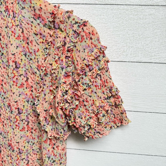 Rebecca Taylor | Silk & Cotton Pink Speckled Ruffle Ruched Blouse - Size 2 - Picture 10 of 14